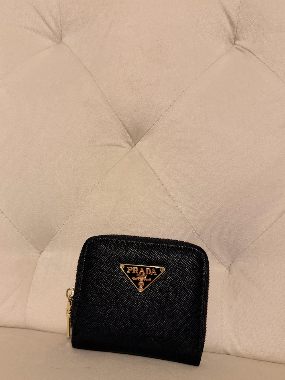 Black Saffiano Leather Zip Card Holder with Gold Logo